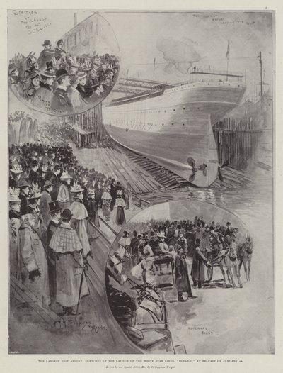 El barco más grande a flote, bocetos en el lanzamiento del transatlántico White Star, Oceanic, en Belfast el 14 de enero de Henry Charles Seppings Wright